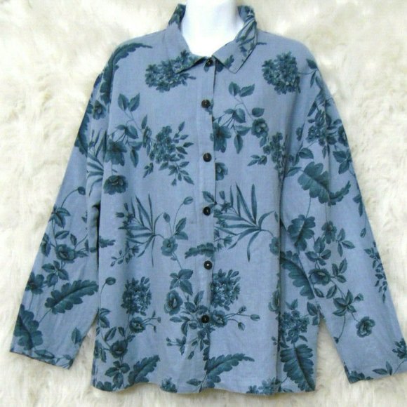 Womens~Cotton Studio~ Blue flower~long sleeve shir - Picture 1 of 10